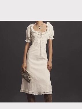 Anthropologie Cream Lace-Trim Midi Dress with Puff Sleeves